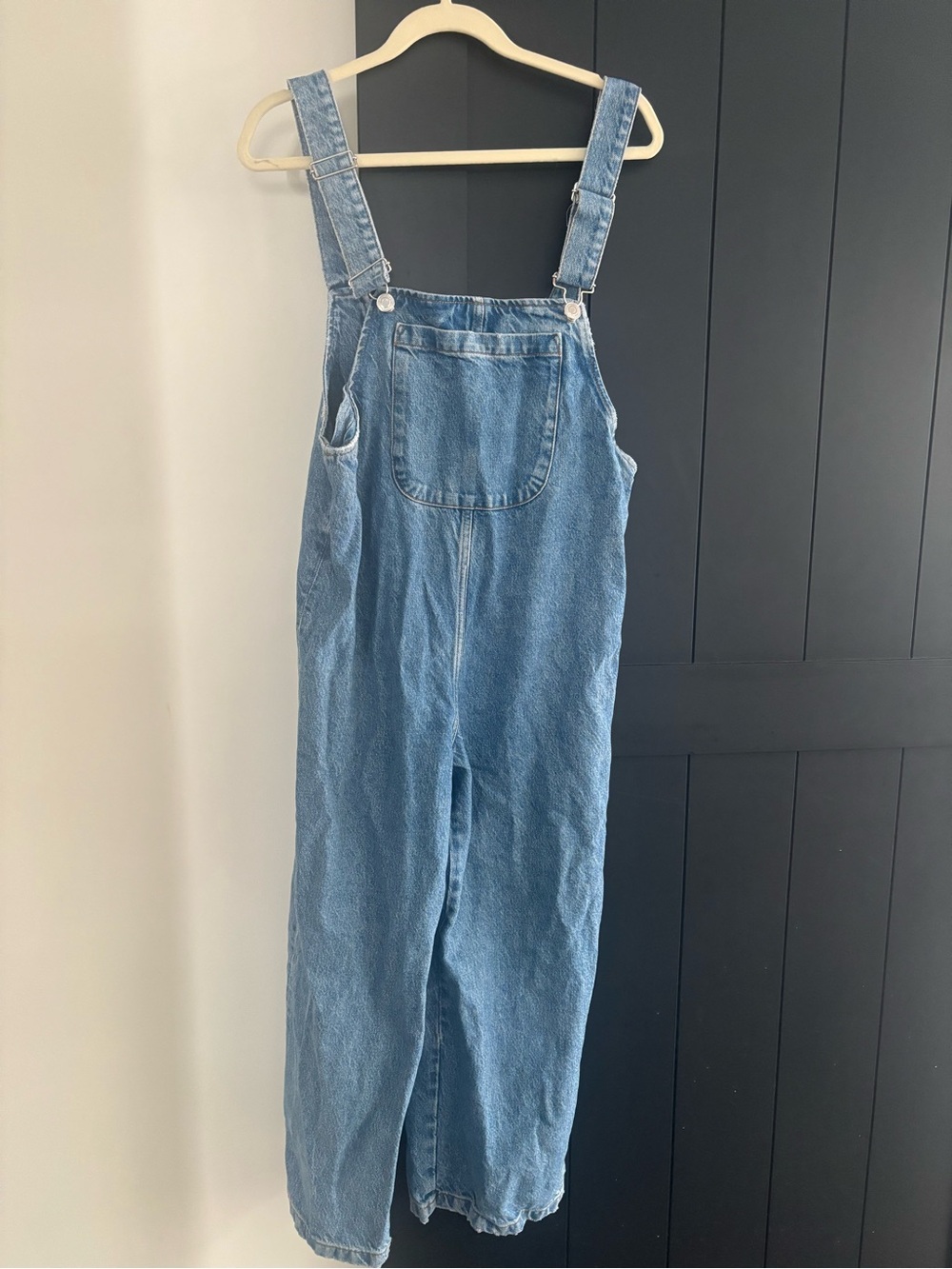 Zara S Light Wash Blue Denim Women’s Overalls with scoop bag.